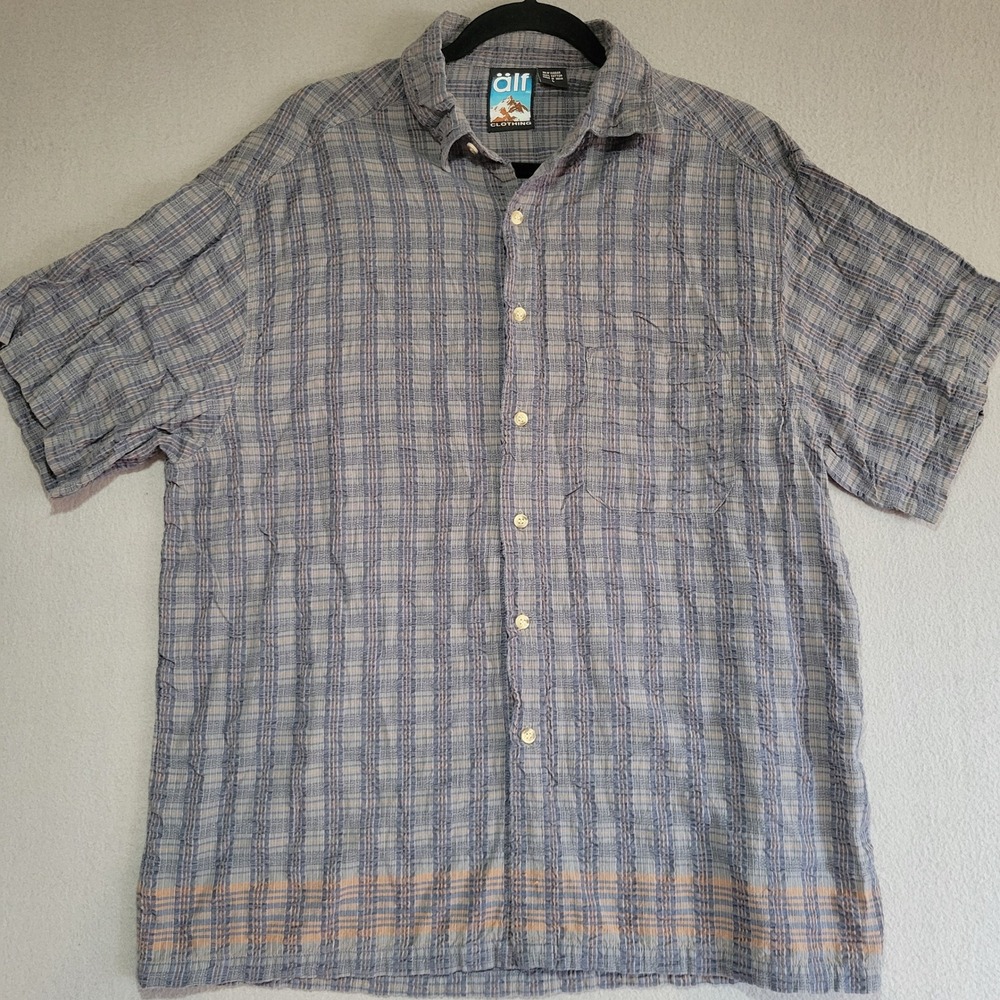 Vintage Alf Kuhl Clothing Mens L Blue Plaid Short Sleeve Button Up Shirt